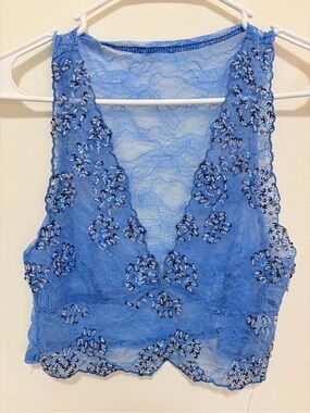 Blue Lace Sequin V-Neck Crop Top